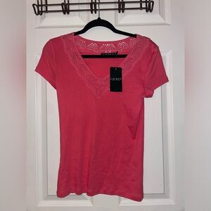 Ralph Lauren Coral Pink Lace V-Neck Tee NWT Medium